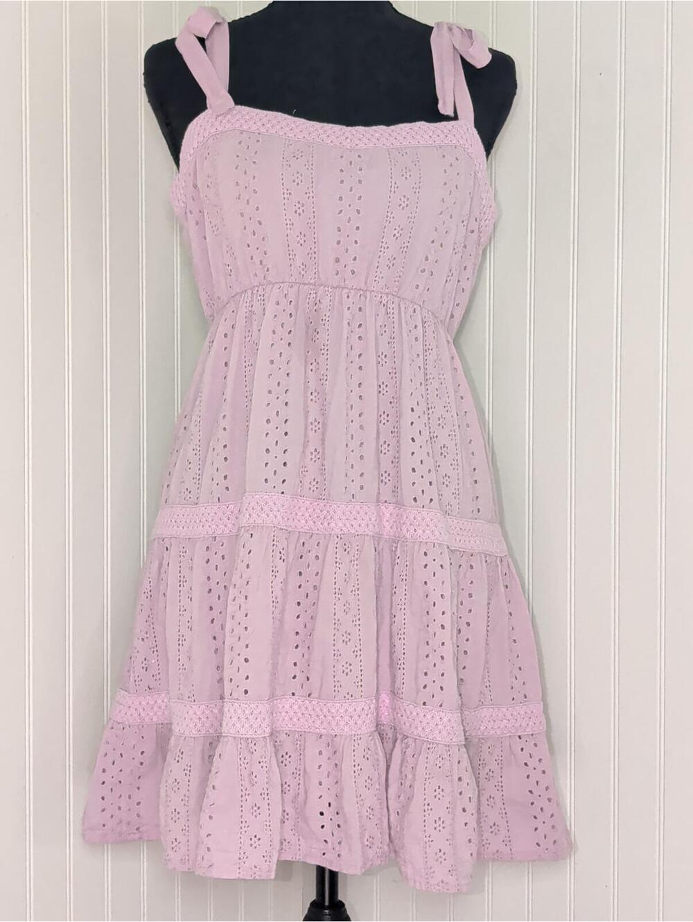 Jessica Simpson Purple Pink Eyelet Tiered Tie-Shoulder Sundress (L) Coquette